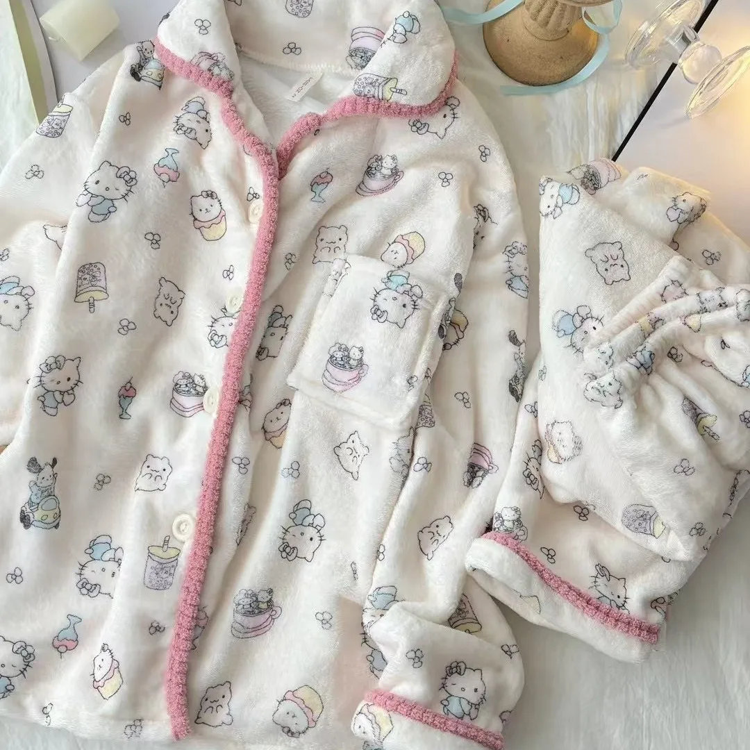 Новый пижамный комплект Sanrio Hello Kitty с принтом кораллового флиса зимний утепленный