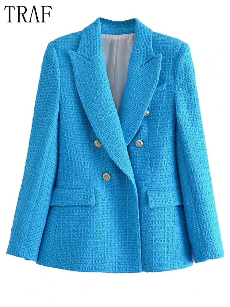 

TRAF Zar 2022 Blue Blazer Set Women Double Breasted Textured Tweed Jacket Woman Spring Long Sleeve Jackets Elegant Female Blazer