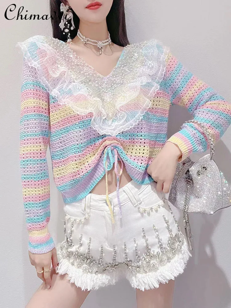 

Fashion Knitwear Women's 2022 Autumn New Korean Style Sweet Heavy Beads Sequined Lace Stitching Drawstring Design Tops All-match