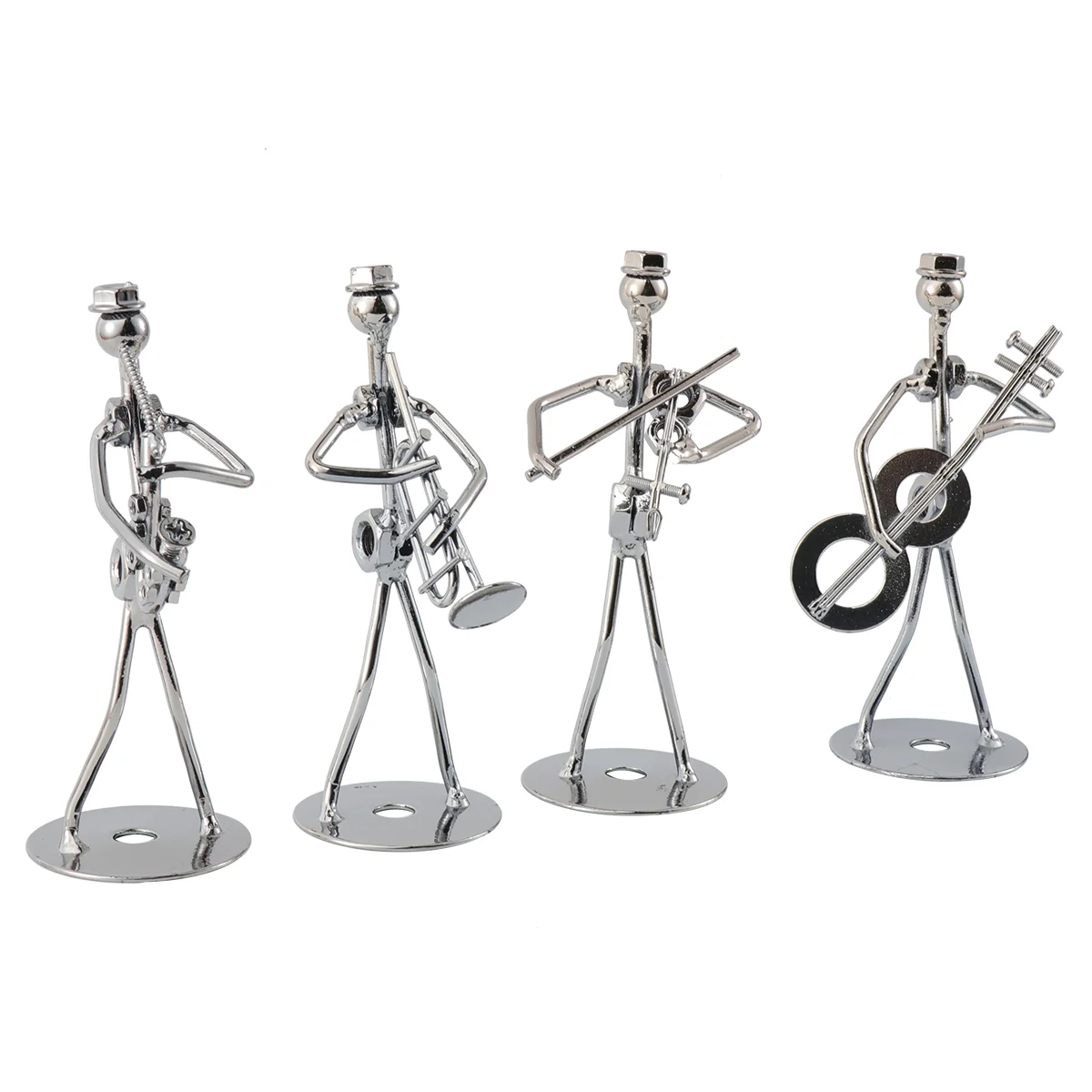 

4Pcs Man Statue Metal Musician Orchestra Set Guitar Trombone Saxophone Model Desktop Ornament for Home Office
