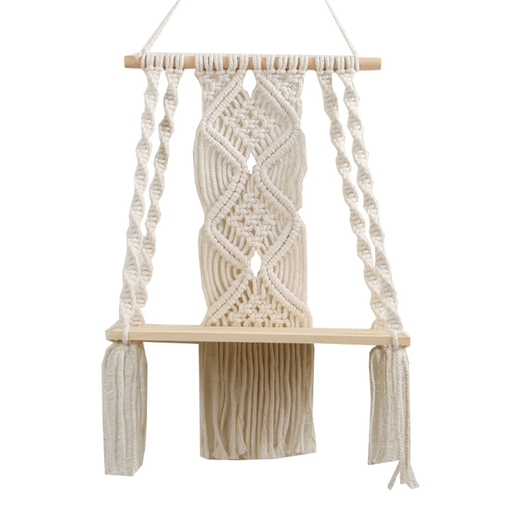 

Boho Macrame Wall Hanging Shelf Handmade Woven Tassel Tapestry Rack Wood Floating Storage Hanger for Home Wall Decor