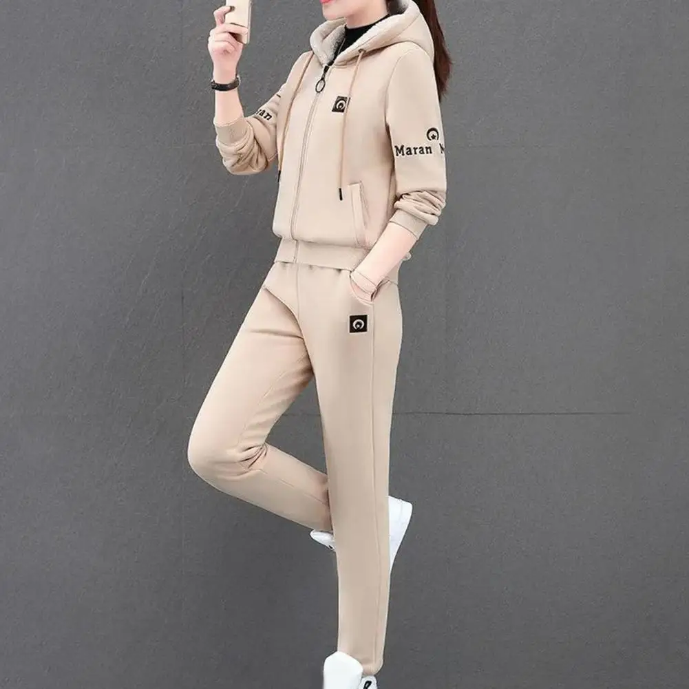 

2 Pcs/ Set Pants Suit Hooded Plush Drawstring All Match Coat Suit for Daily Wear