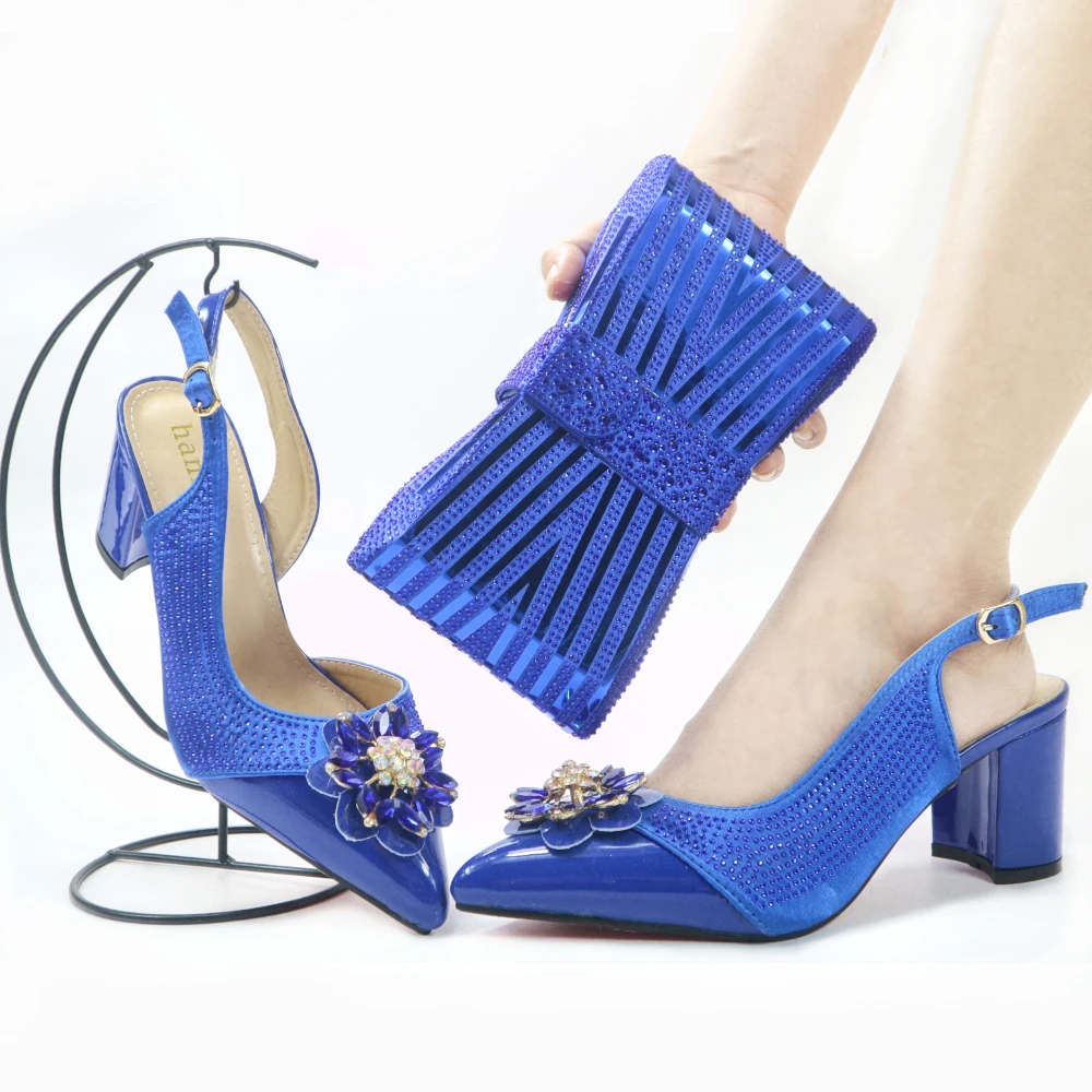 

2022 Arrival Fashion Blue Color Italian Design Party Ladies Shoes and Bag Set With Platform and Phoenix Shape Metal Decoration