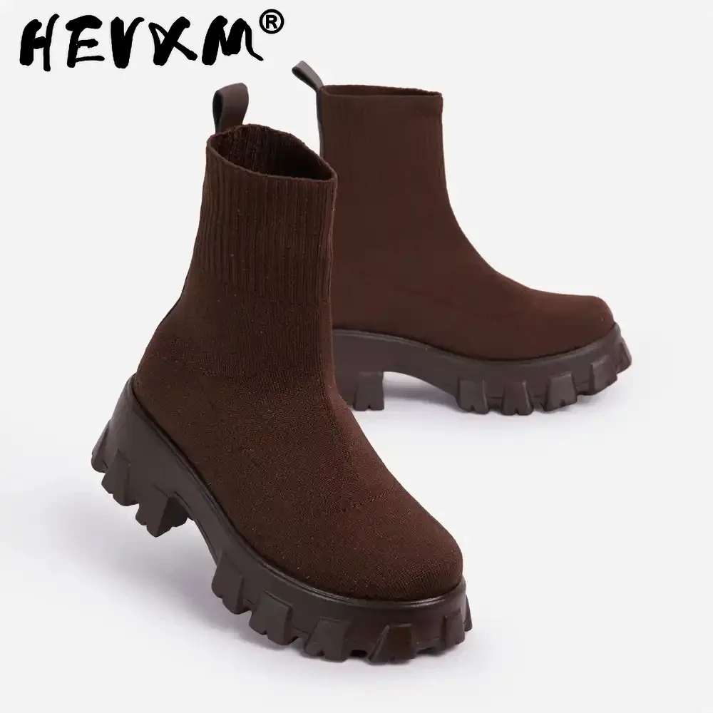 

Женские ботинки-носки из эластичной ткани, повседневные ботинки до середины икры на платформе, сетчатые красные вязаные короткие сапоги, ботинки больших размеров для осени