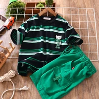 boys summer suit kids 2022 cool handsome fried street stripe childrens and teenagers short sleeve t shirt overalls
