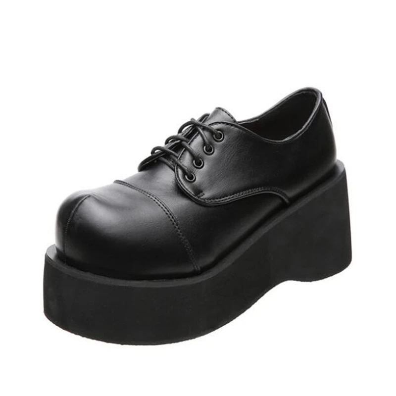 

Punk Style Women Lolita Shoes Lace Up Mary Janes Pumps Genuine Leather Female Platform Wedges Shoes Height Increasing Sneakers