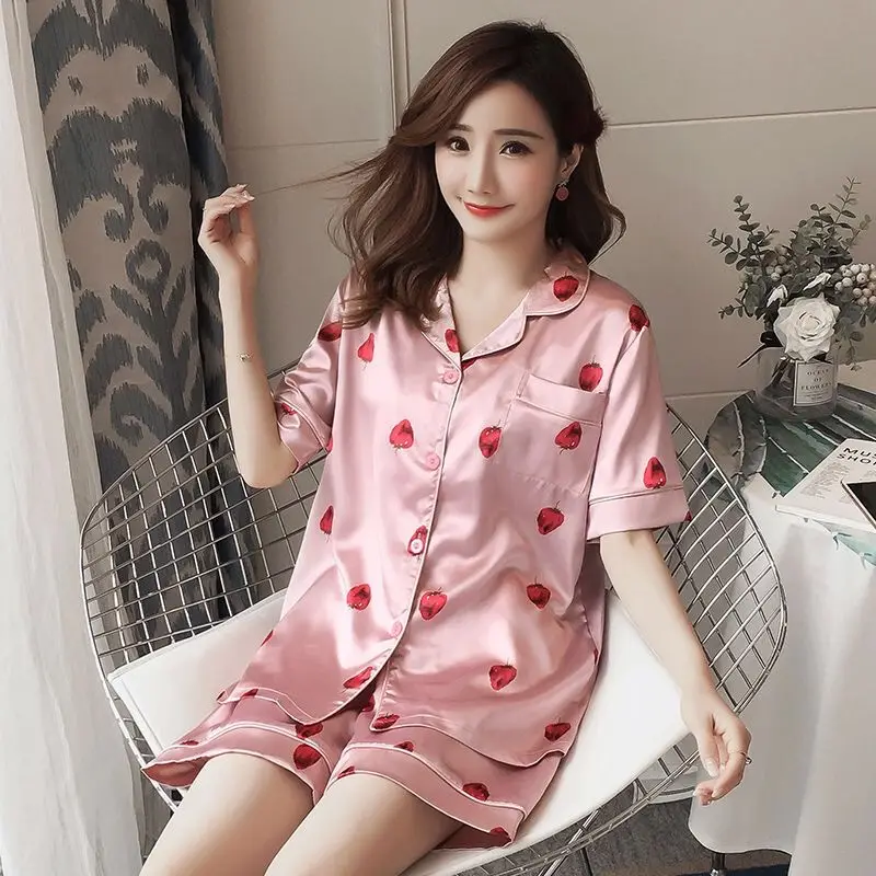 Korean Pajamas Women's Summer Ice Silk Short Sleeve Two-Piece Set Artificial Silk Thin Student Suitable for Daily Wear Suit Home