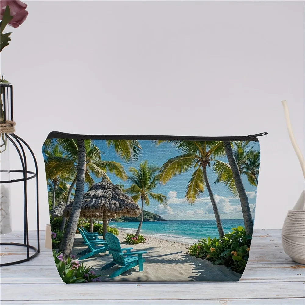 Двусторонняя льняная косметичка Tropical Beach с дизайном пальм и бирюзового океана, дорожная сумка для туалетных принадлежностей, легкая и прочная (art.: 3920da7470bf3) - 3920da7470bf3