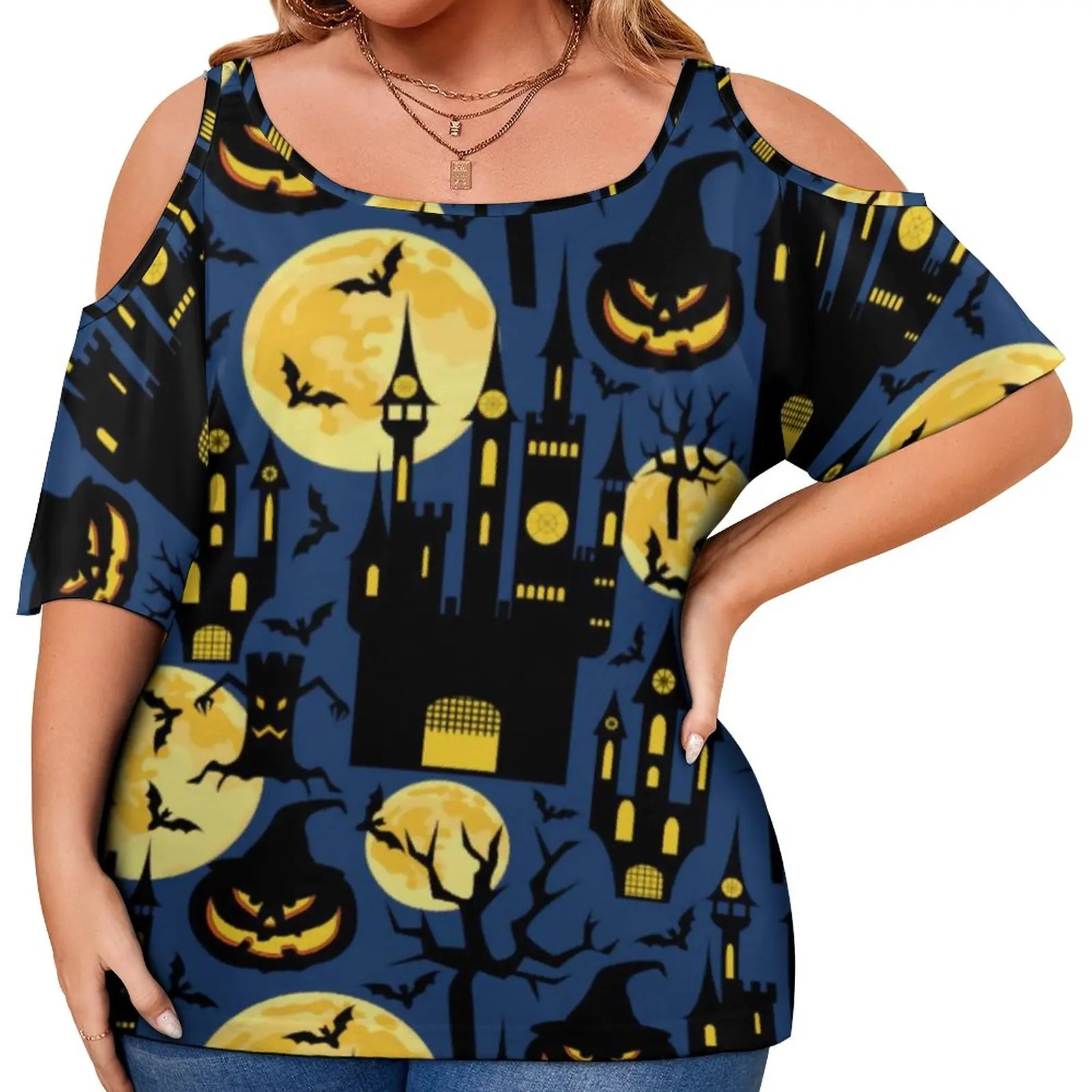 

Spooky Halloween T-Shirt Haunted House Bats Vintage T Shirts Short Sleeve Graphic Tops Female Street Style Clothes Plus Size 5XL