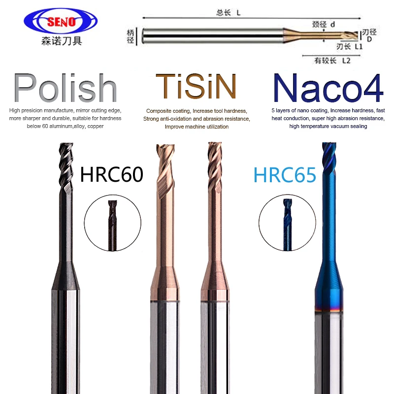 

SENO 10PCS HRC65 HRC60 HRC55 2/3/4 Flute Tungsten Carbide End Mill Milling Cutter Cnc Routerbits Long Flute Endmills 1mm 1.5mm
