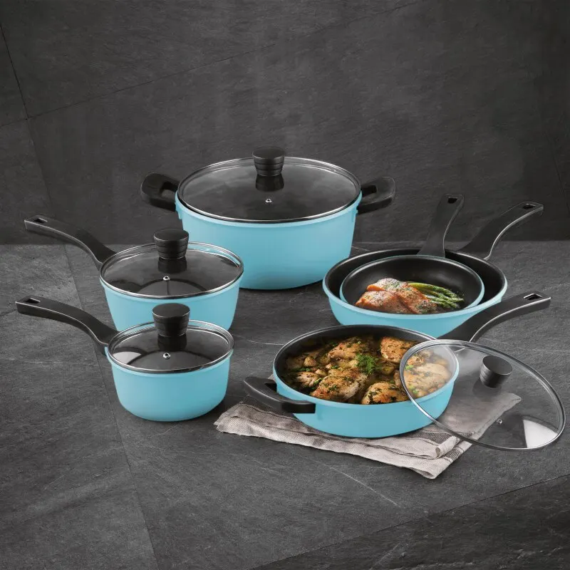 

Retro by Bergner - 10 Pc Non Stick Cast Aluminum Pots and Pans Cookware Set, 10 Pieces, Blue Cooking Pot Sets for Effortless Coo