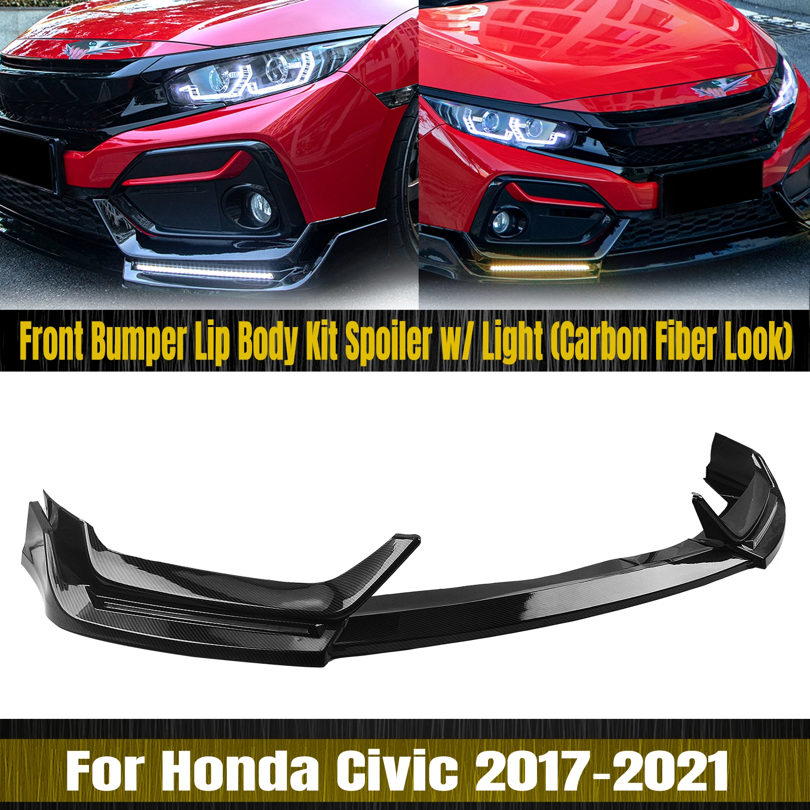 

Front Bumper Spoiler Lip For Honda Civic Si Hatchback 2017-2021 Carbon Fiber Look Car Lower Guard Plate Splitter Blade W/ Light