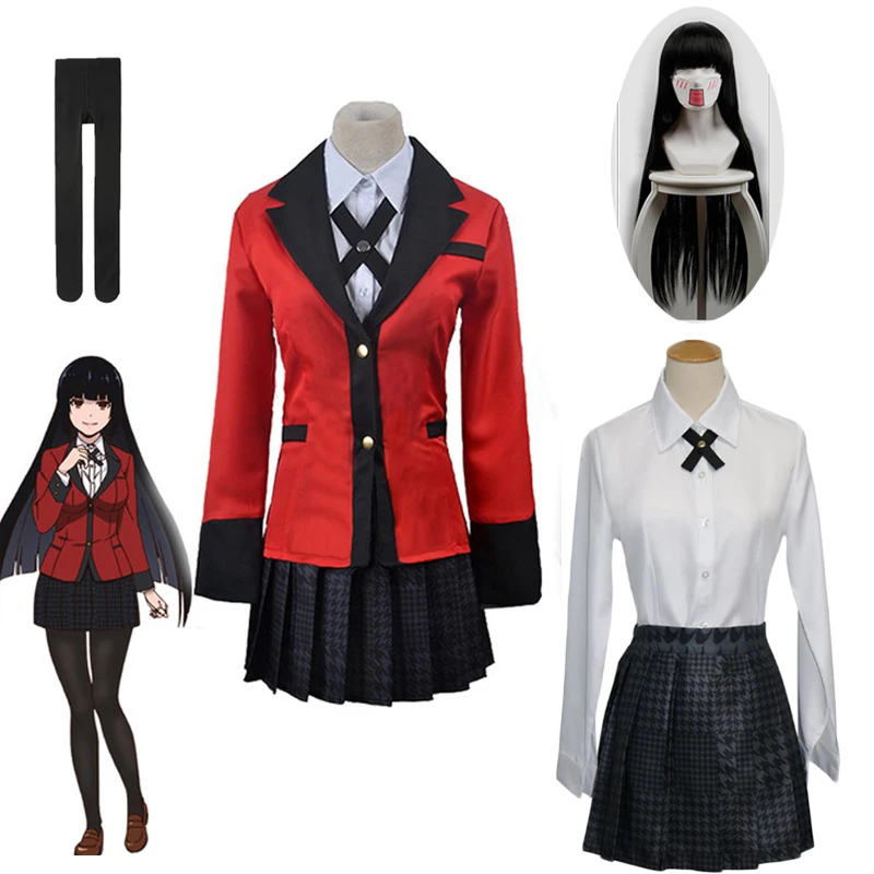 

Kakegurui Cosplay Jabami Yumeko Costumes Anime Full Set Japan School Girls Uniform Jacket+Shirt+Skirt+Stockings+Tie Wig New