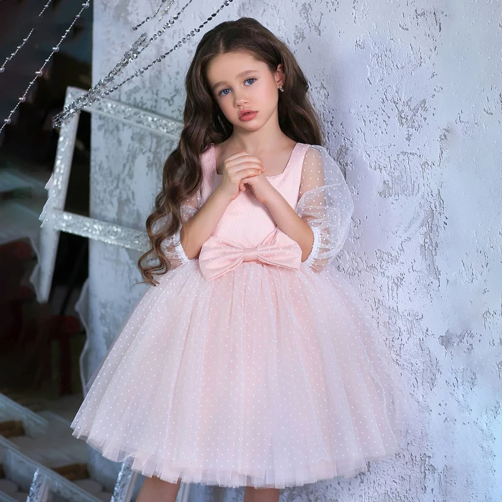 

Puffy Girl Birthday Dress Sleeves Tulle Girl Princess Dress Knee Length Ivory Flower Girl Dress Cute Baby First Communion Gown