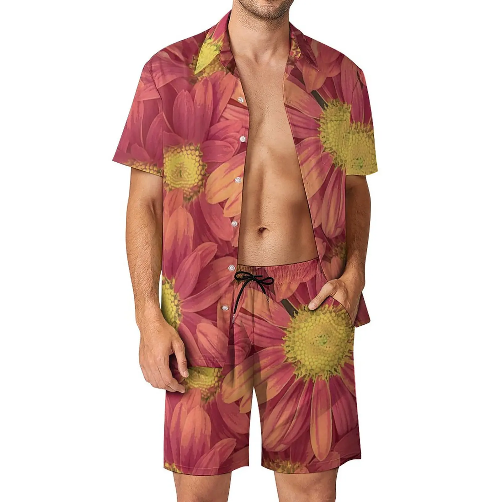 

Pink Sunflower Outdoor Men Sets Elegant Flower Print Casual Shirt Set Summer Shorts Two-piece Streetwear Suit Large Size