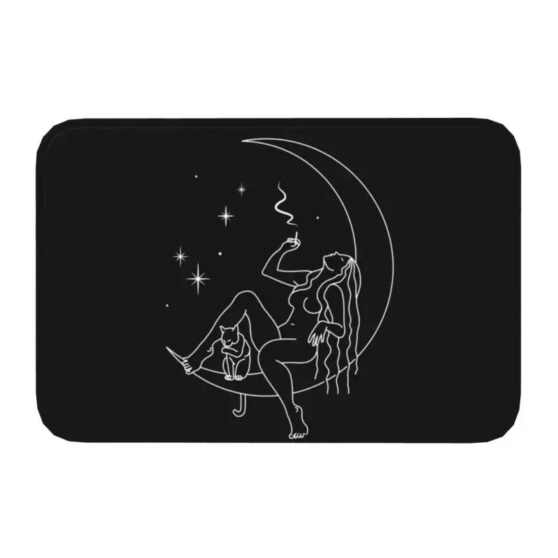 

Wiccan Witch With Cat Smoking On Crescent Lunar Front Floor Door Entrance Mats Outdoor Halloween Bath Kitchen Doormat Carpet Rug