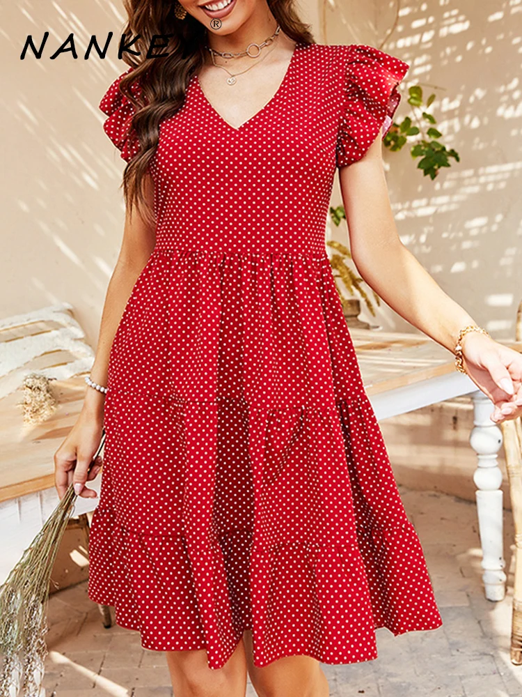 

NANKEY 2022 Women Polka Dot Printed Ruffle Summer Dress Elegant Sleeveless Red Knee Length Dress Beach Holiday Casual Dress