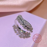korean 925 stamp handmade leaf feather rings for women exquisite cz stone wedding ring sterling plata jewelry