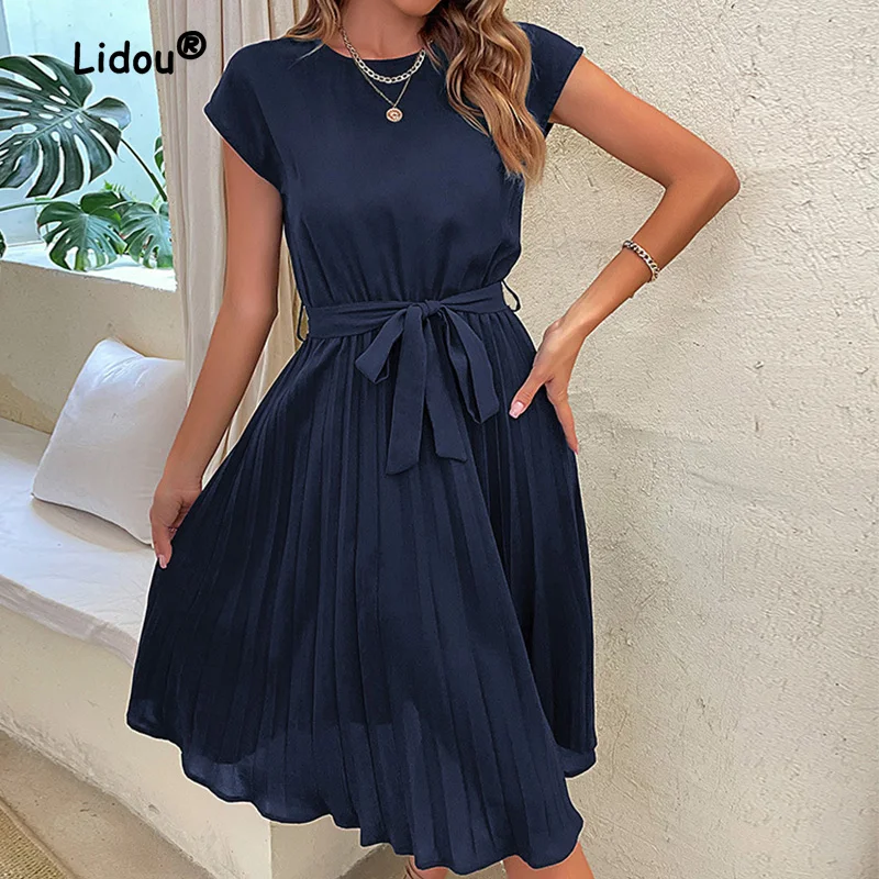 

Ropa De Mujer Elegant Crumpled Solid Short Sleeve Midi Skirt Summer Clothes for Women Fashion Round Neck Lacing Pleated Dresses