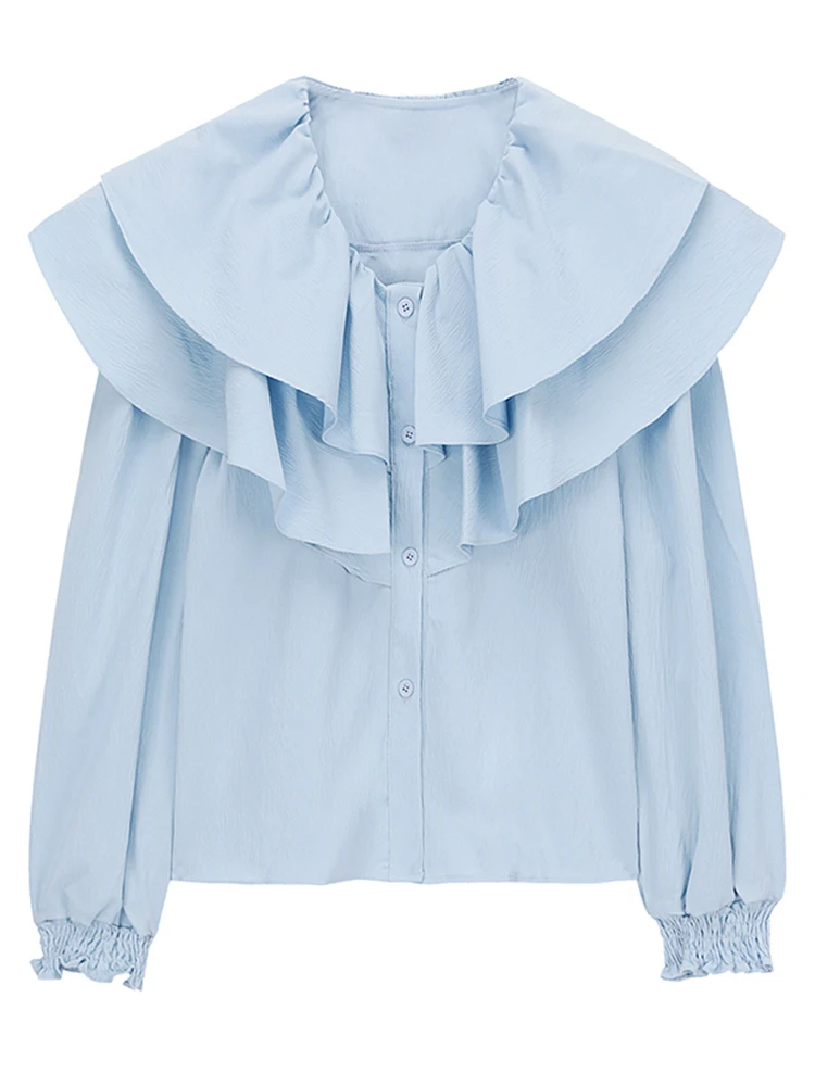 

Women Blue Ruffles Vintage Blouse New Peter Pan Collar Long Sleeve Loose Fit Shirt Fashion Tide Spring Autumn 2022 N703