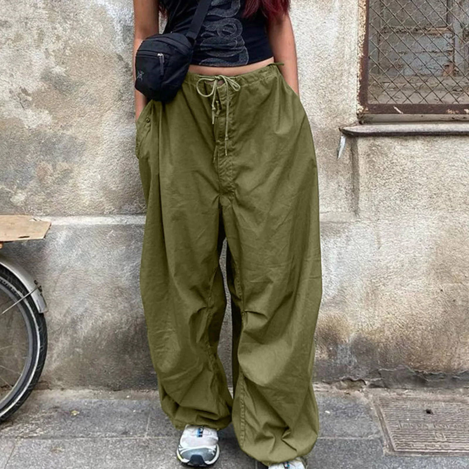 

Women Big Pockets Cargo Pants Y2k High Elastic Waist Drawstring Baggy Trousers Vintage Casual Loose Side Zipper Straight Pants