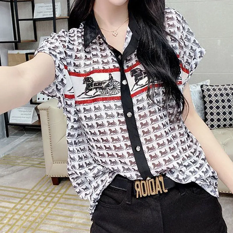 

Fashion Elegant Polo-Neck Printed Spliced Shirt Women's Clothing Commute All-match Short Sleeve Single-breasted Female Blouse