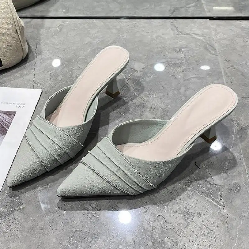 

Summer 2022 New Pointed Toe Shoes Women Casual Simple High Heels Indoor House Slippers Fashion Baotou High Heel Large Size Soft