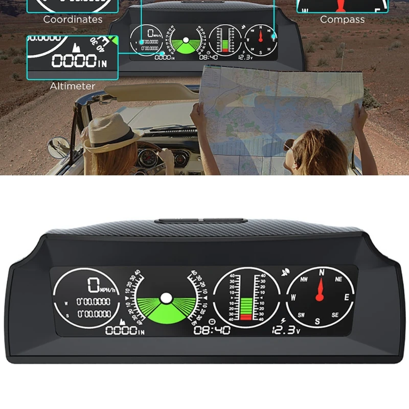 Vehicles HUD Car Speed Slope Meter Inclinometer Electronic Compass Over Speed Alarm with LCD Head-Up Display