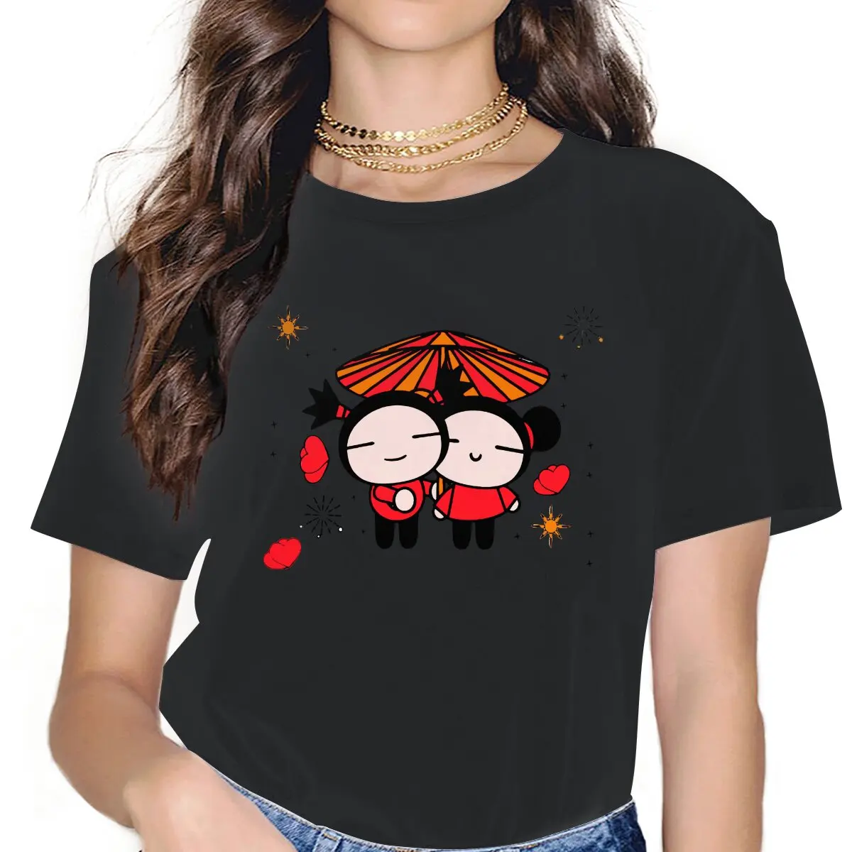 

Umbrella Women Tshirts Pucca China Doll Grunge Vintage Female Clothing Loose Cotton Graphic Short Sleeve