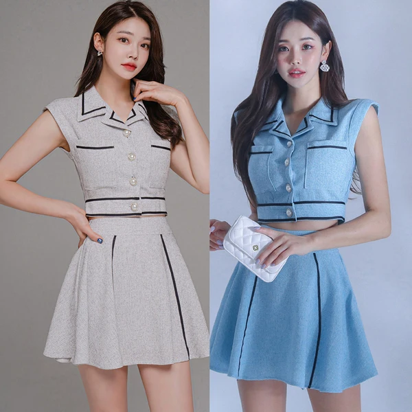 

Women Summer Small Fragant Two Pieces Set Lady Fashion lapel Sleeveless Slim Crop Top + A-Line Mini Skirt Office OL Outfits
