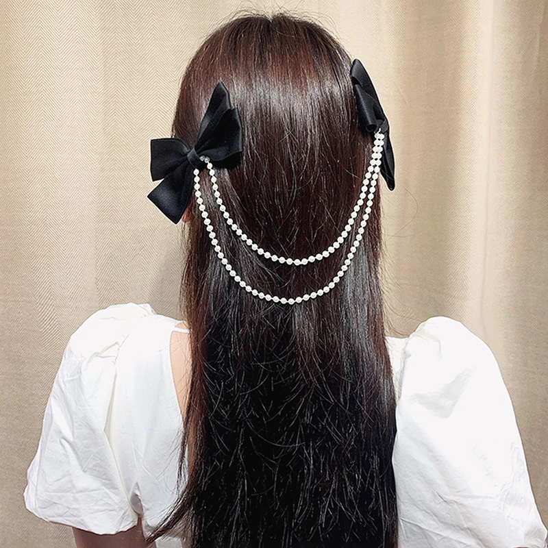 

Винтажные заколки для волос с бантом и жемчужной цепочкой милые кисточки Элегантные украшения заколки для волос для конского хвоста для де...