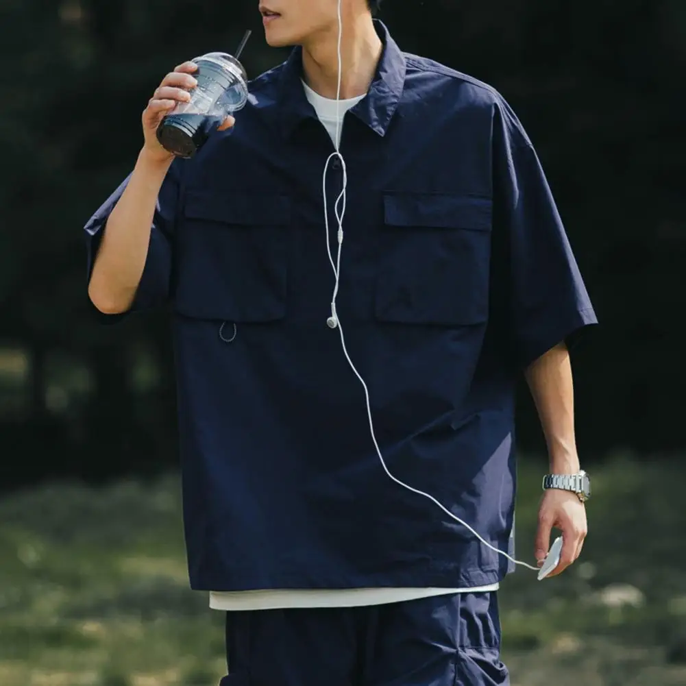 Рубашка мужская с карманами Свободная блуза полурукавами отложным воротником на