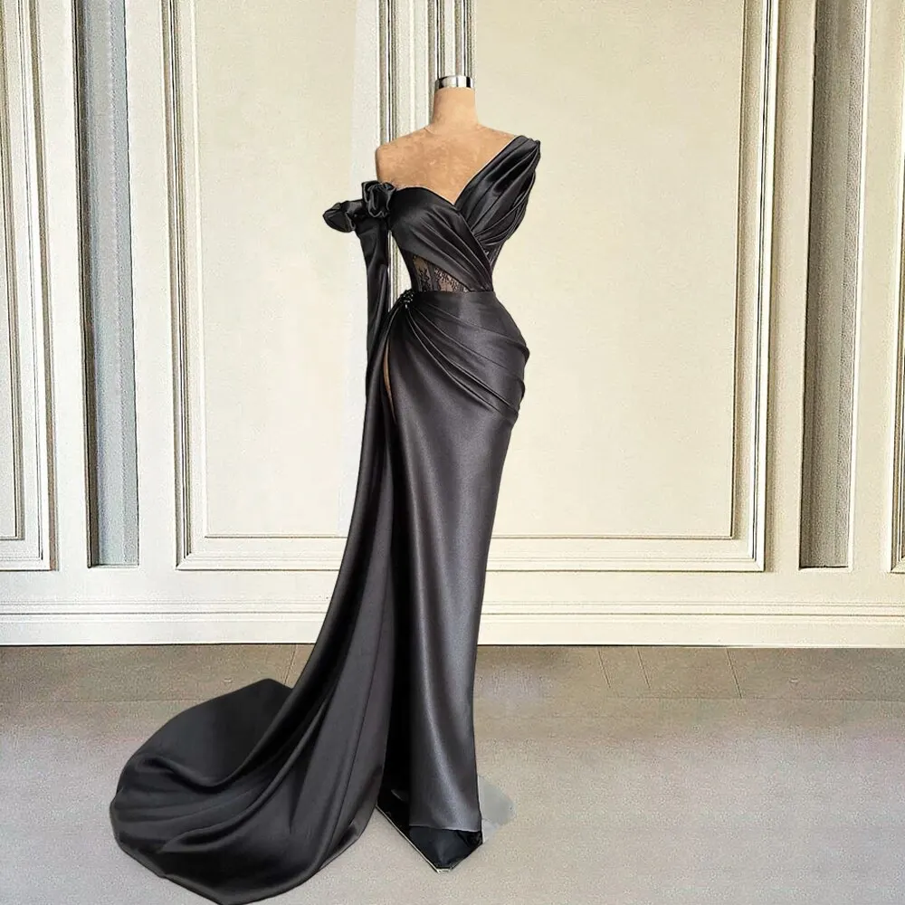 

Платье для выпускного KSDN с V-образным вырезом и открытыми плечами, сексуальное черное атласное кружевное плиссированное платье с вышивкой бисером для особых дней рождения
