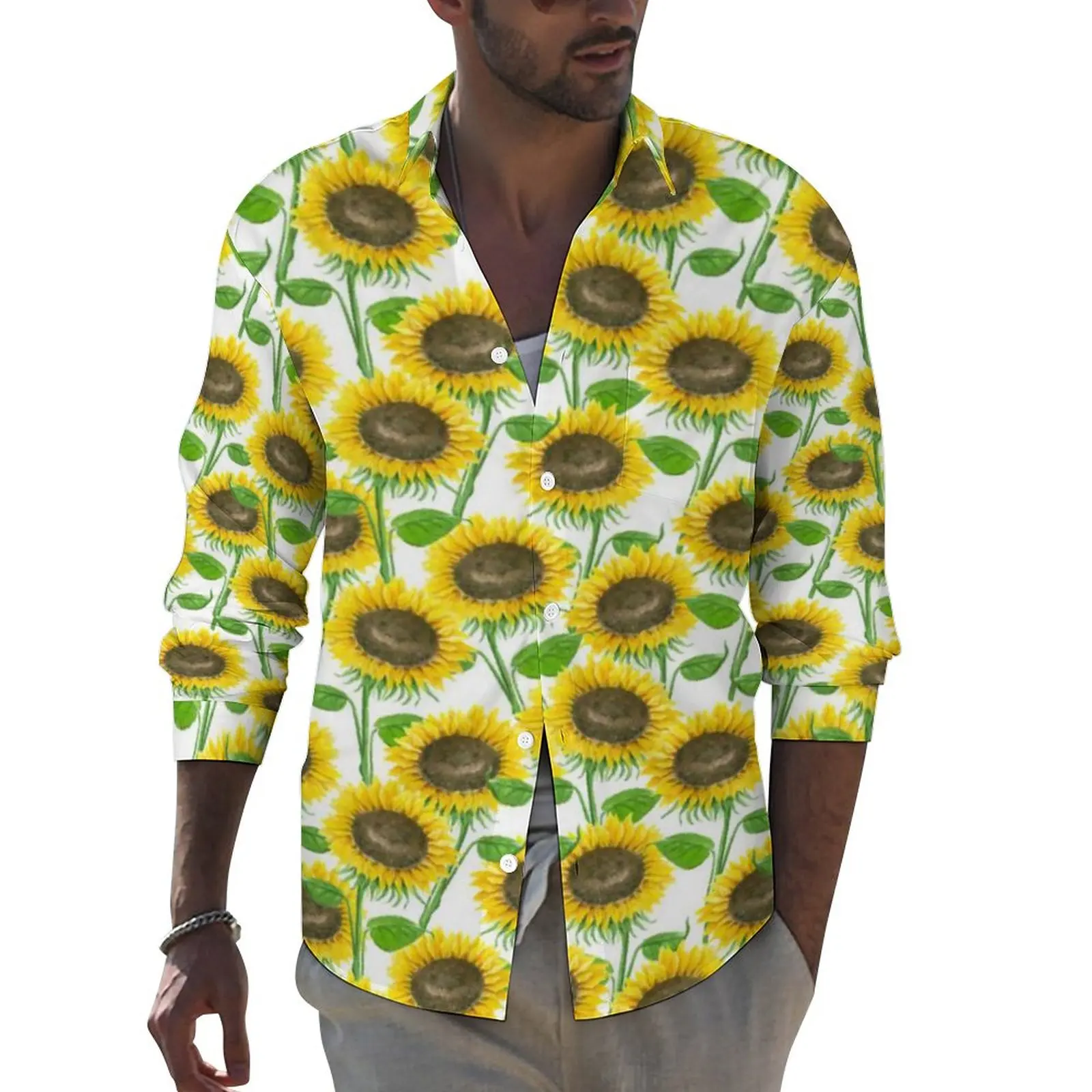 

Sunflower Watercolor Casual Shirts Male Nature Flower Leaves Shirt Long Sleeve Retro Harajuku Blouses Autumn Clothing Big Size