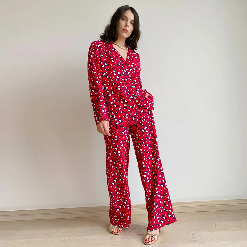Spring Autumn Cotton Women Long Sleeve Pajamas Set Sexy Nightwear Leopard Print Thin Simple French Home Clothes Trousers Loose