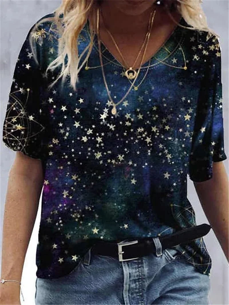 

2022 модная блузка с 3D принтом звезд и красителей, женская футболка с V-образным вырезом, летний Повседневный Свободный пуловер с коротким рук...