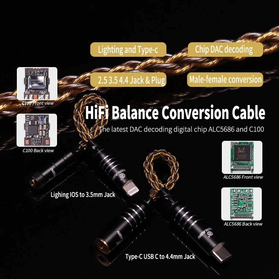 

HIFI Conversion Cable DAC ALC5686 Decoding Digital Chip and C100 ios Lightning/Type-C to 4.4/3.5mm lossless Audio cable For mi
