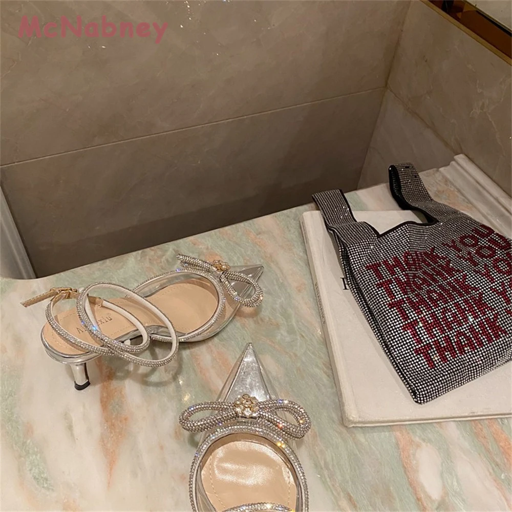 Glitter Women Pumps Crystal Bowknot Rhinestone Pointed Toe Stiletto Sandals Summer Lady Shoes High Heels Party Prom Shoes