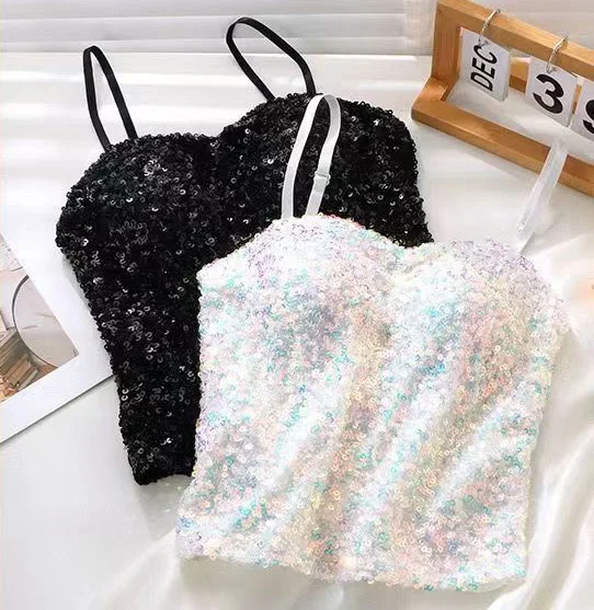 Женский бюстгальтер с блестками летний топ розового белого и черного цветов 2024