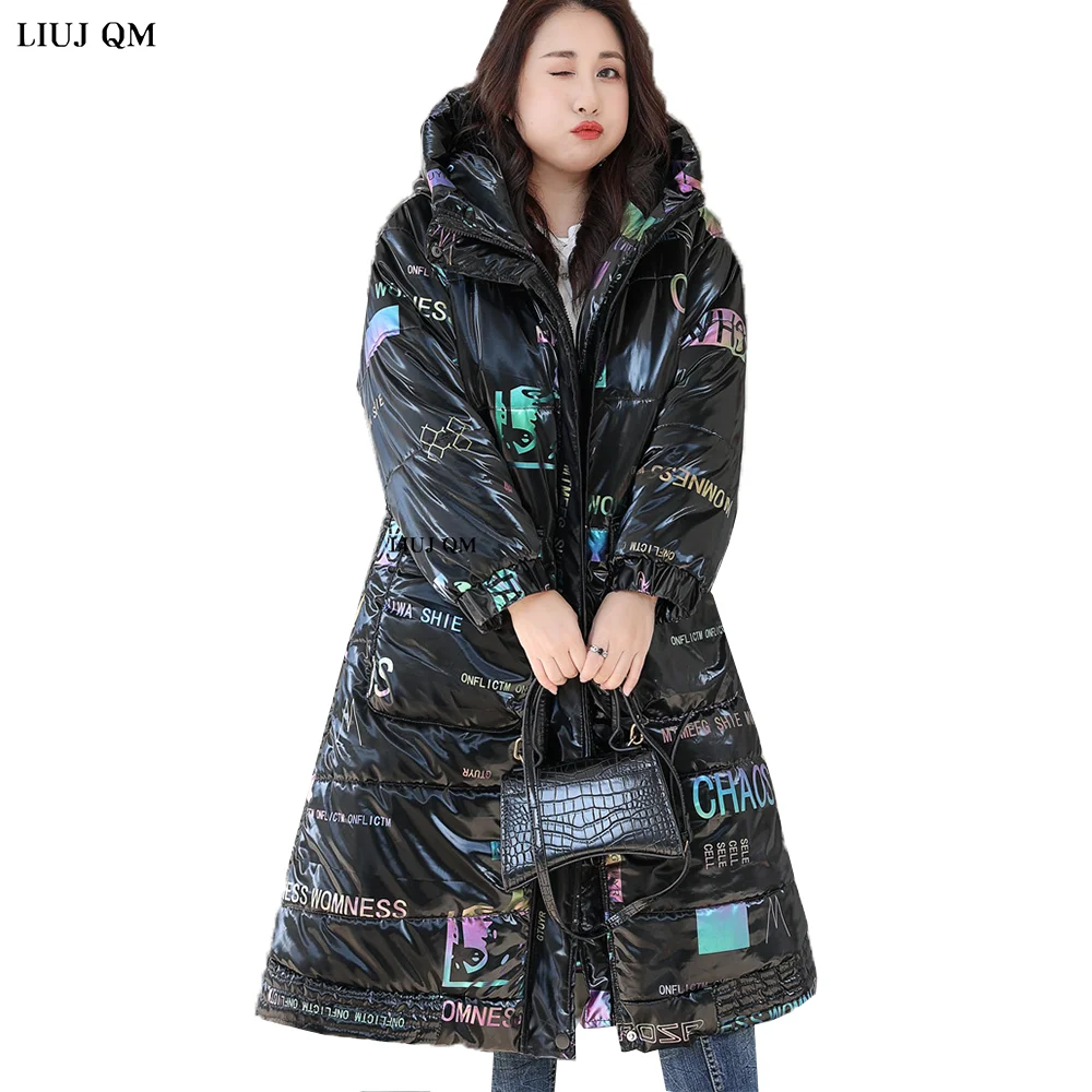 Plus Size Women Clothing Winter Parka Korean Loose Letter Print Hooded Down Jacket Female Glossy Fashion Long Casual Coat