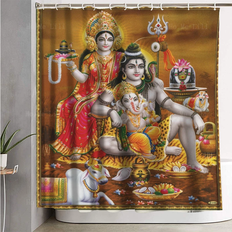 Фото Shiva Parvati Ganesh серебряный золотой глянцевый рельефный индуистский занавес для душа от Ho Me Lili для декора ванной комнаты №2