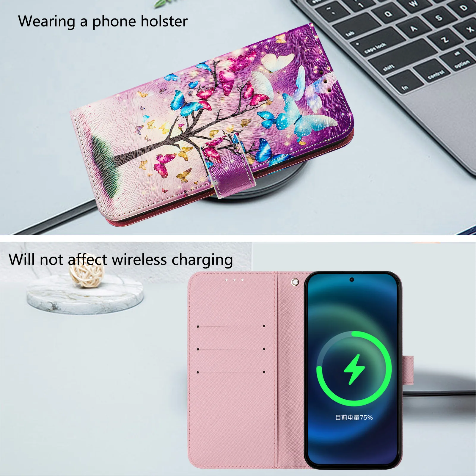 Фото Кожаный чехол-книжка для Honor Magic7 Magic 7 6 5 400 600 200 Lite Pro с милым котом, бабочкой, цветами, кошельком, держателем для карт и подставкой №4