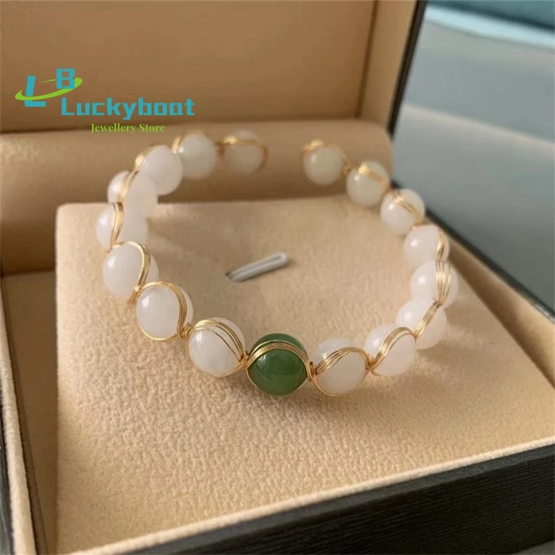 

Natural Hetian Jade Bracelet White Chalcedony Bracelet 14K Gold Wrapped Jasper Bracelet Hand Woven Ladies Jewelry