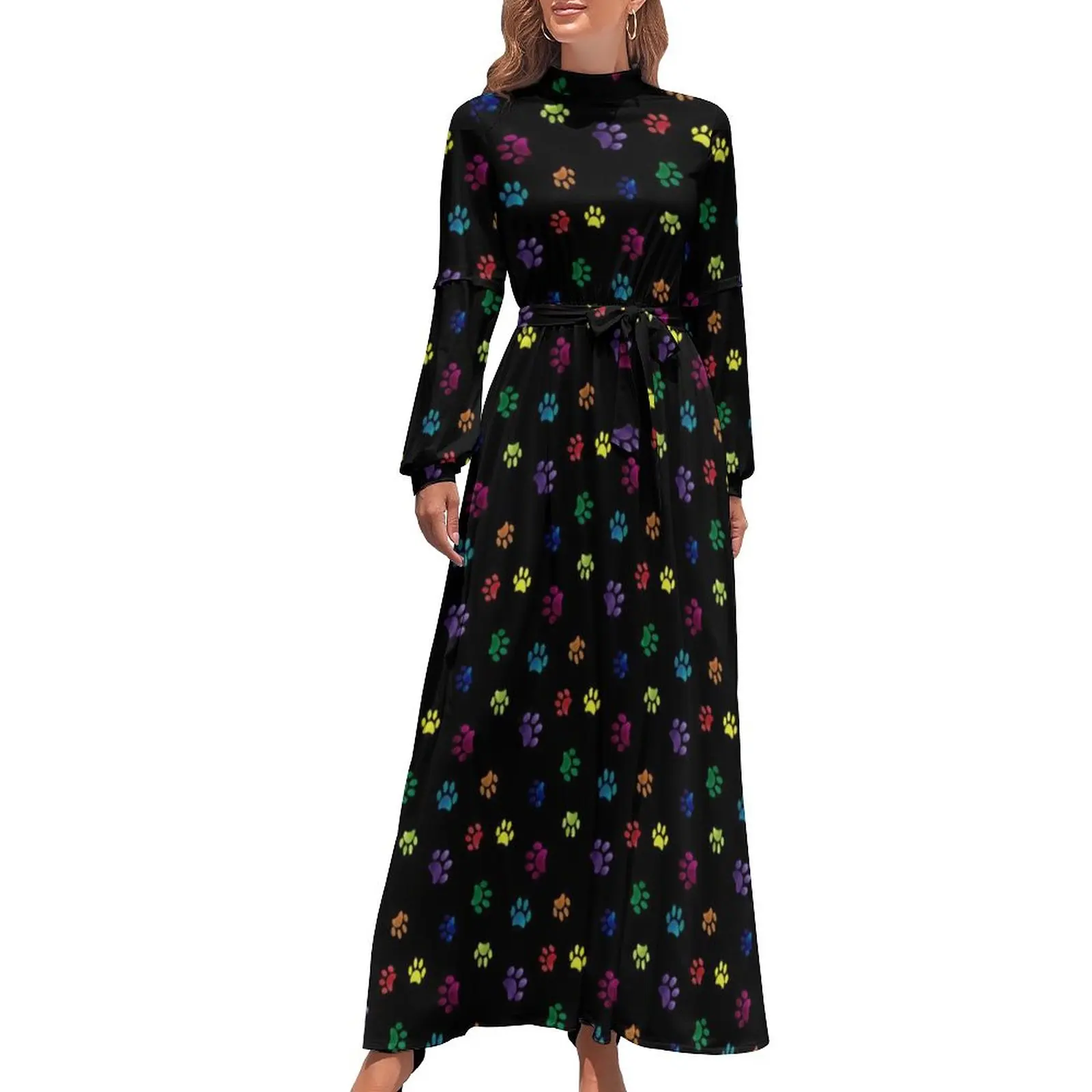 

Colorful Dog Paw Dress High Waist Rainbow Paws Print Boho Beach Dresses Long-Sleeve Casual Long Maxi Dress Elegant Vestido