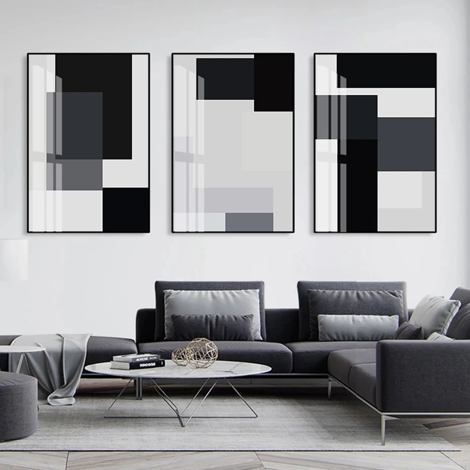 

Modern Abstract Grey White Geometric Block Canvas Painting Wall Art Poster Print Picture for Living Room Interior Home Decor