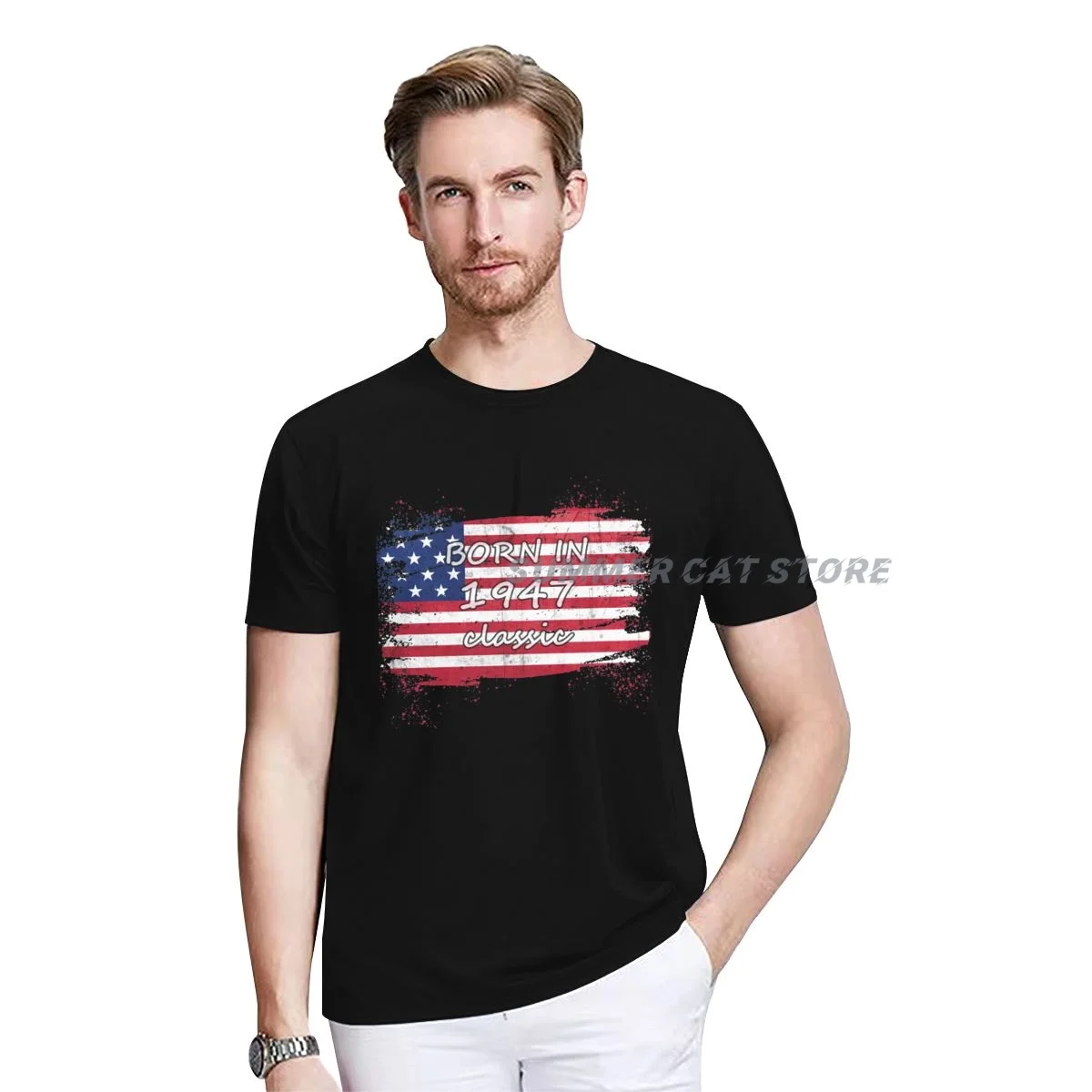 

75th Birthday Gifts Born In 1947 Classic Vintage American Flag Design t-Shirt For Men women Short Sleeve Plain Fashion Clothes
