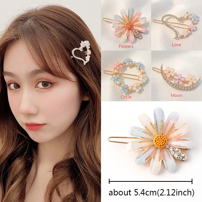 

New Gold Flower Crystal Hair Clip Love Circle Moon Side Hairpin Women Girls Temperament Headdress Hair Accessories Jewelry