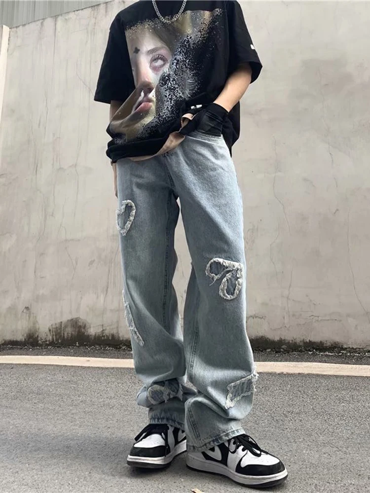 Street Hip -hop Men's Light Blue Y2k Jeans Loose Straight Old -fashioned Leisure Pants Hip -hop Street Clothing Designer Pants