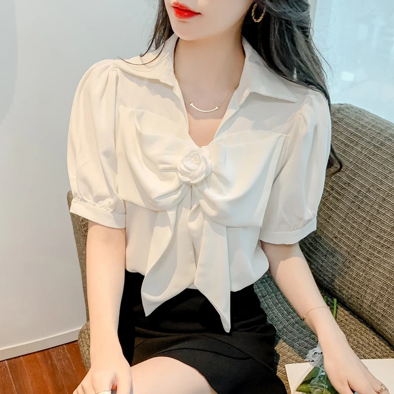 

2022 new female design sense French minority chic bow tie foreign style shirt short sleeve 328f, 326-13