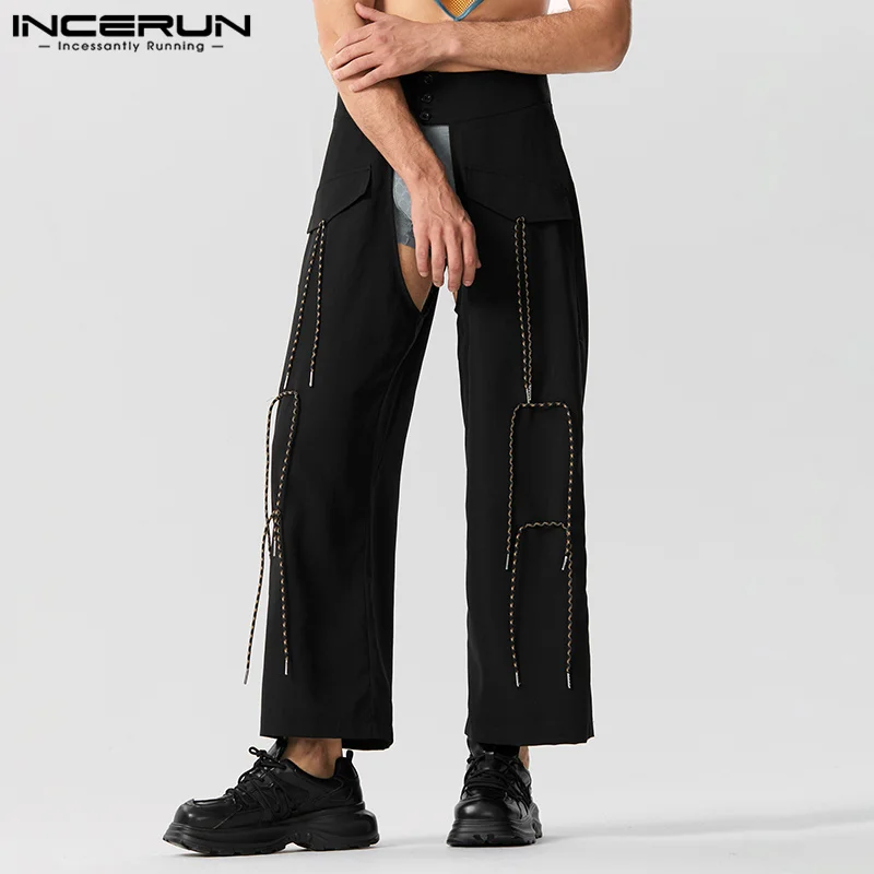 

INCERUN 2023 American Style Men Pants Sexy Fashionable Hollow Trousers Leisure Solid All-match Drawstring Tie Up Pantalons S-5XL